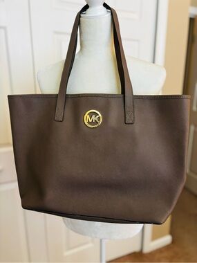 Michael Kors Chocolate Brown Saffiano Leather Tote with Gold MK Emblem